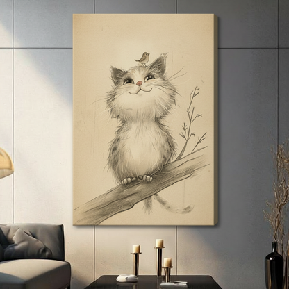 Frameless fluffy grey white cat on tree branch with bird perched on head vintage pencil sketch on dark grey panel wall – aged parchment background smiling cat canvas print for contemporary living room
