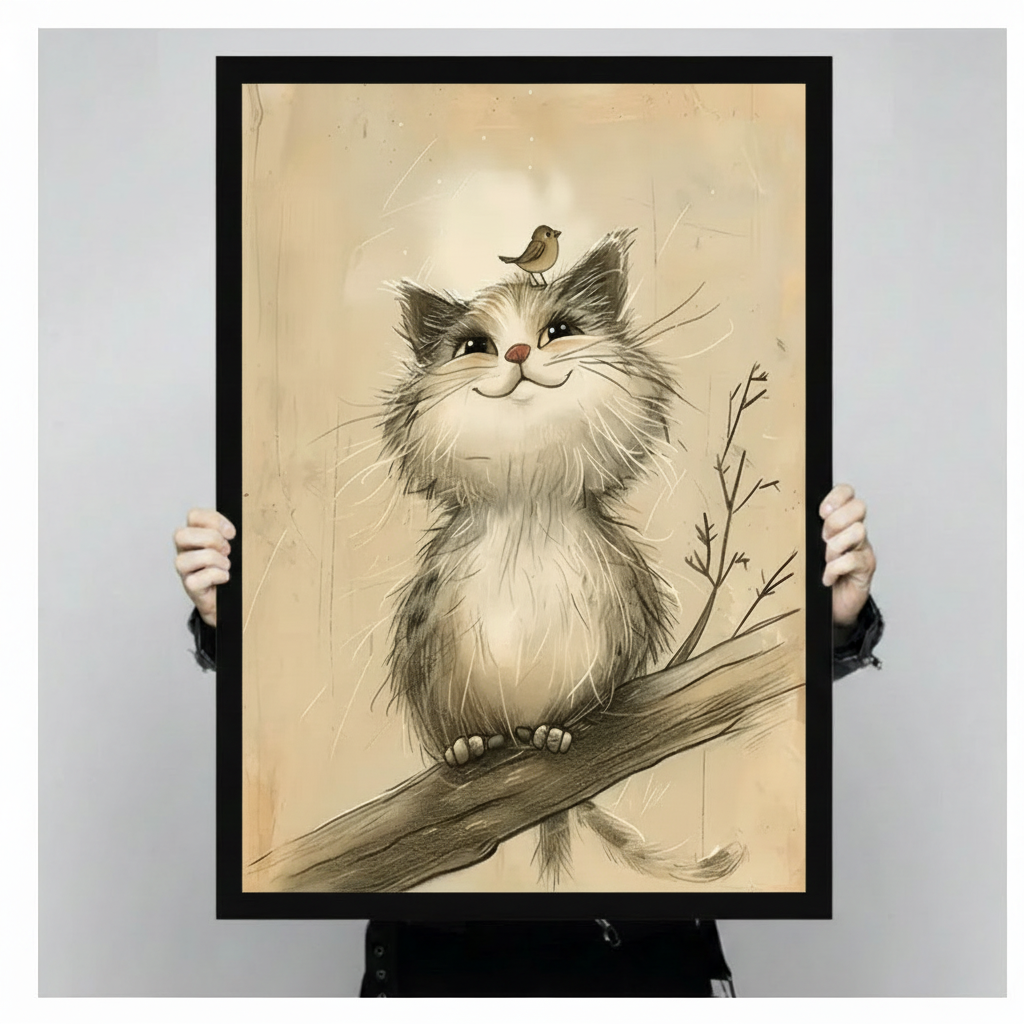 Hands holding framed fluffy grey white cat on tree branch with small bird on head vintage pencil sketch canvas – aged parchment background smiling cat wall art size reference display