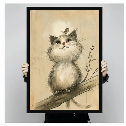 Hands holding framed fluffy grey white cat on tree branch with small bird on head vintage pencil sketch canvas – aged parchment background smiling cat wall art size reference display