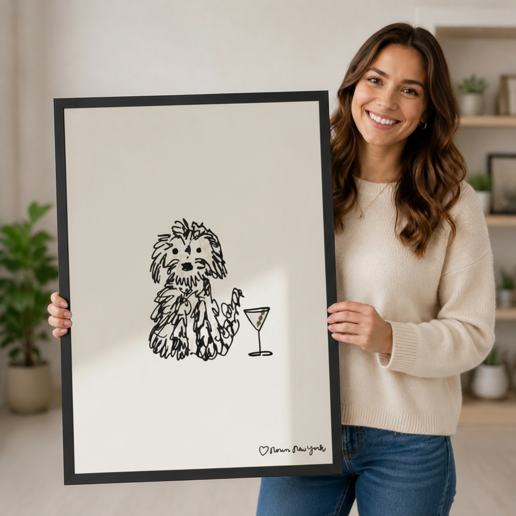 Smiling woman holding large black framed fluffy dog and martini glass line art print showing artwork size and scale