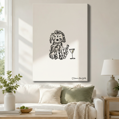 Gallery wrapped canvas of minimalist dog and martini glass ink sketch displayed above white sofa in airy Scandinavian living room