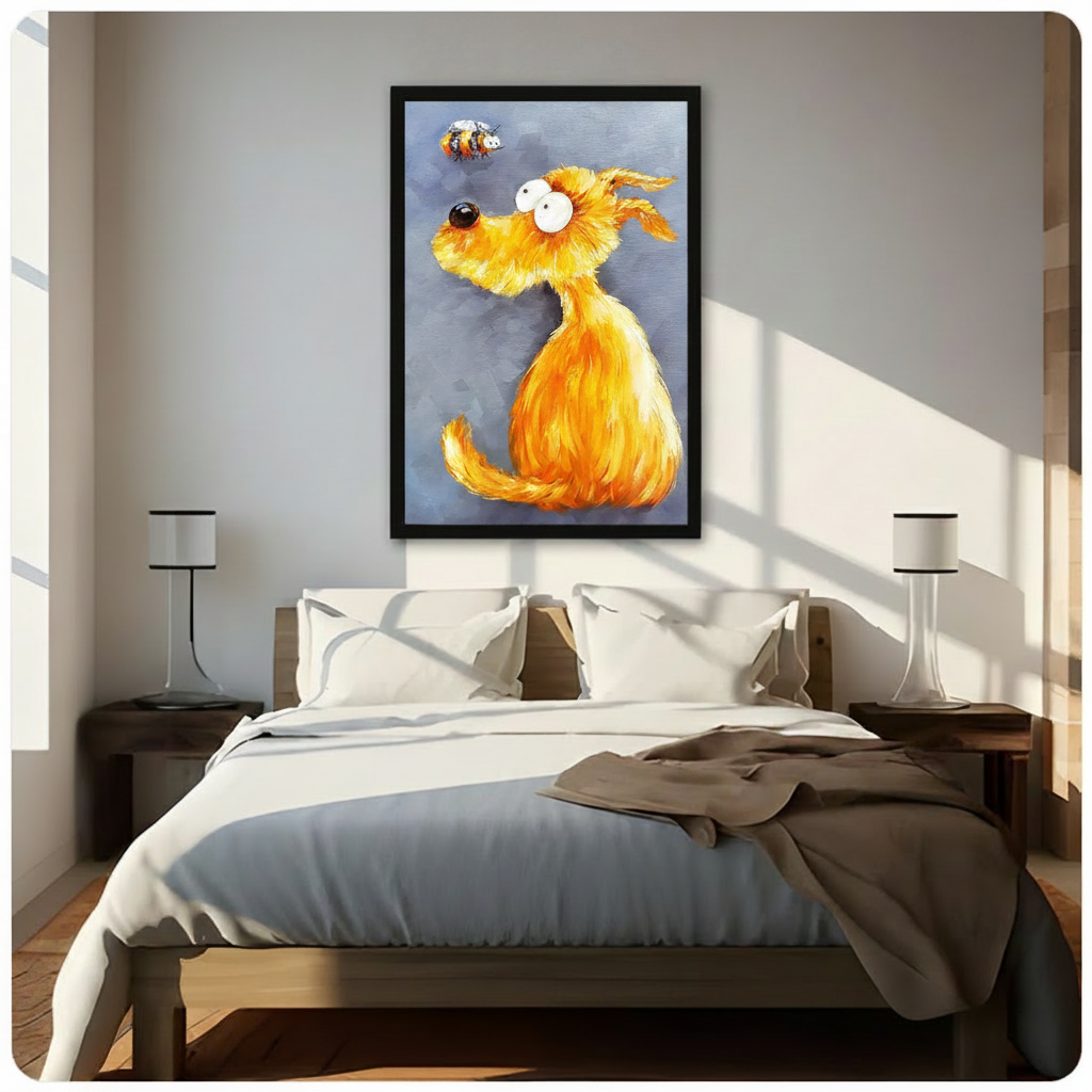 Framed fluffy golden dog looking up at bumblebee impasto oil painting above wooden bed in sunlit bedroom – blue grey background textured dog canvas wall art for bedroom decor