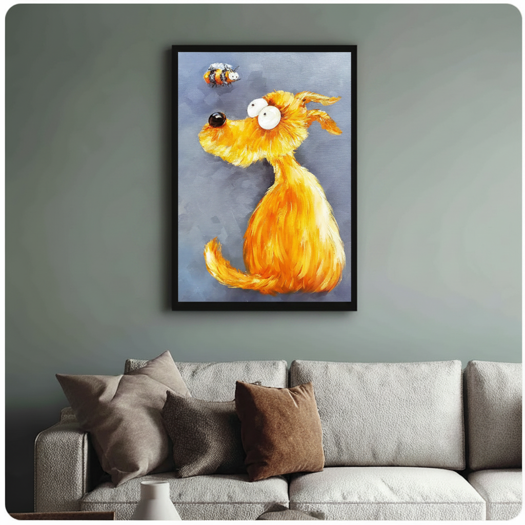 Framed fluffy golden dog looking up at bumblebee impasto oil painting above cream textured sofa on sage green wall – blue grey background dog canvas wall art for living room decor