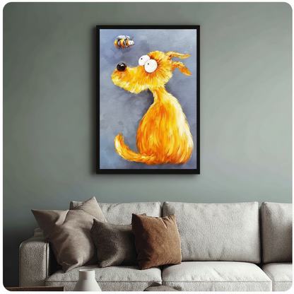 Framed fluffy golden dog looking up at bumblebee impasto oil painting above cream textured sofa on sage green wall – blue grey background dog canvas wall art for living room decor