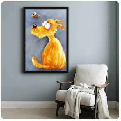 Fluffy golden dog watching bumblebee framed impasto oil painting beside wooden armchair with white throw on pale blue wall – textured dog and bee canvas art for reading corner