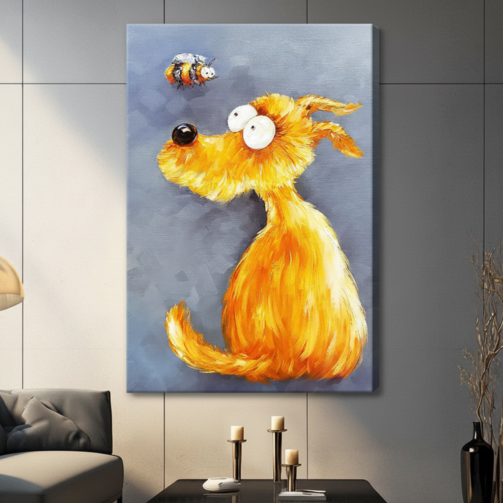 Frameless fluffy golden dog gazing at bumblebee impasto oil painting on dark grey panel wall – blue grey background thick brushstroke dog canvas print for contemporary living room