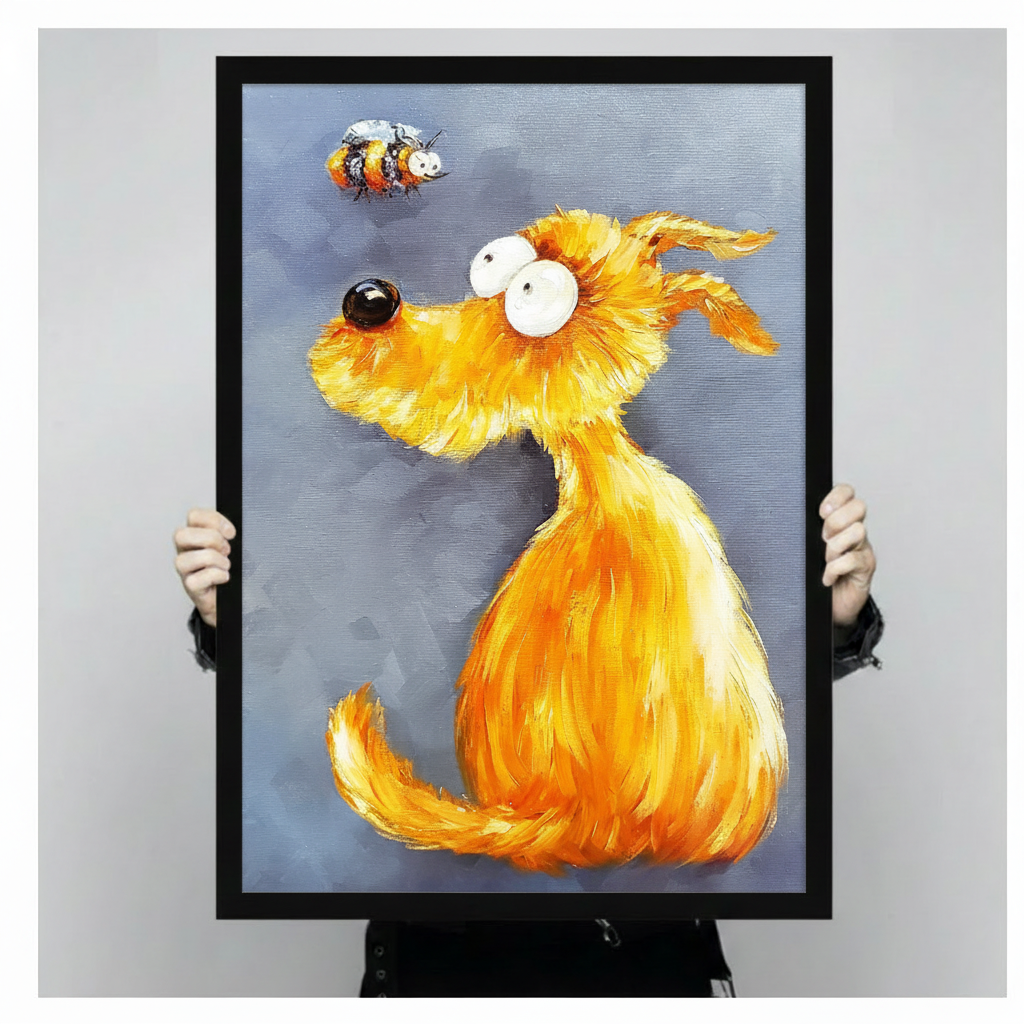 Hands holding framed fluffy golden dog gazing at bumblebee impasto oil painting canvas – blue grey background thick brushstroke dog wall art size reference display
