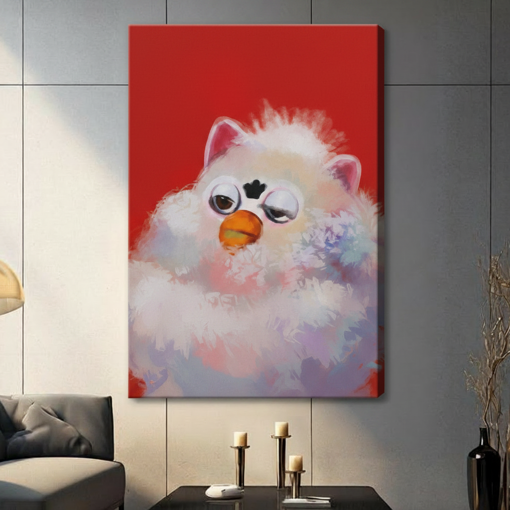 	Unframed fluffy white bird canvas print on grey panel wall, expressive oil painting texture with vivid red background