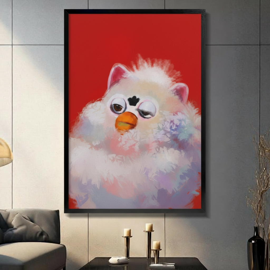 Large framed fluffy grumpy bird canvas art on grey panel wall with candles and vases, bold red pop art home decor