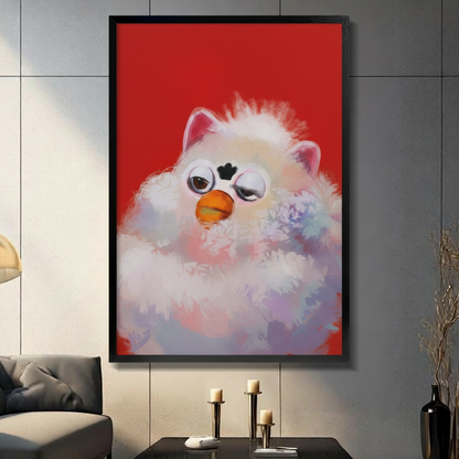 Large framed fluffy grumpy bird canvas art on grey panel wall with candles and vases, bold red pop art home decor