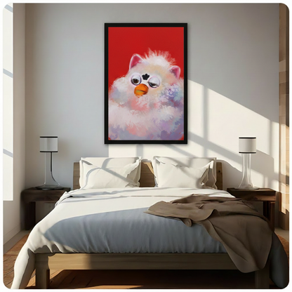 Fluffy grumpy bird red background framed wall art hanging above bed in bright sunlit modern bedroom with twin lamps
