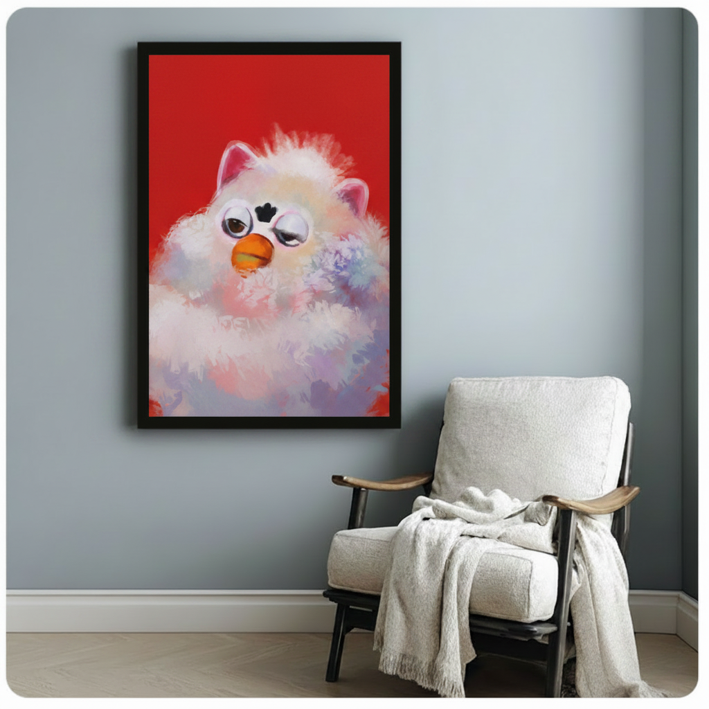 Framed fluffy grumpy bird oil painting wall art on bold red background, displayed on grey-blue wall above white accent chair