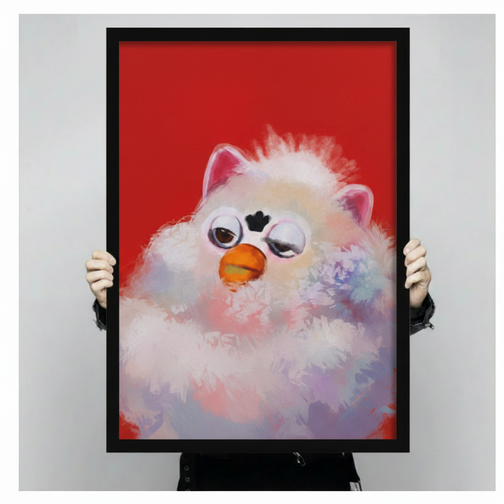 Hand-held framed canvas print of fluffy white grumpy bird with orange beak on vivid red background, oil painting style