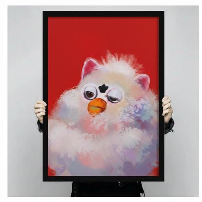 Hand-held framed canvas print of fluffy white grumpy bird with orange beak on vivid red background, oil painting style