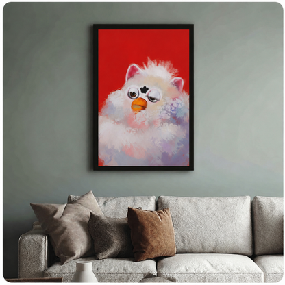 Framed fluffy grumpy bird wall art above linen sofa on sage green wall, whimsical pop art bird painting home decor