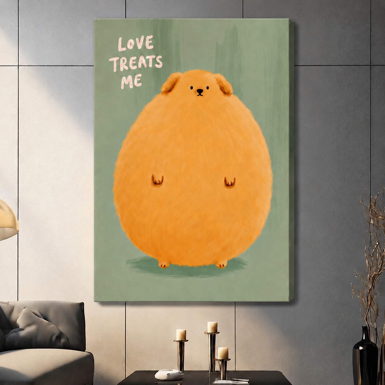 Large stretched canvas print of a fluffy oversized Pomeranian illustration with "Love Treats Me" text on mint green background, hung on a grey living room wall