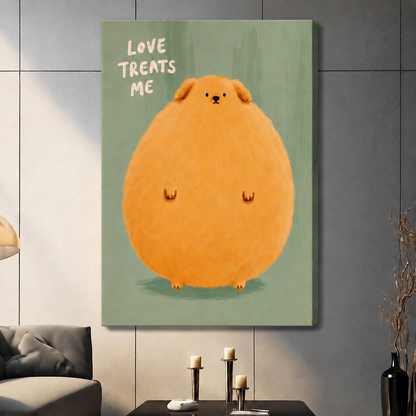 Large stretched canvas print of a fluffy oversized Pomeranian illustration with "Love Treats Me" text on mint green background, hung on a grey living room wall