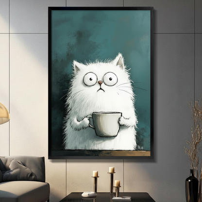 Framed fluffy white cat holding a coffee cup wall art with teal background displayed above a console table with candlesticks in a moody living room