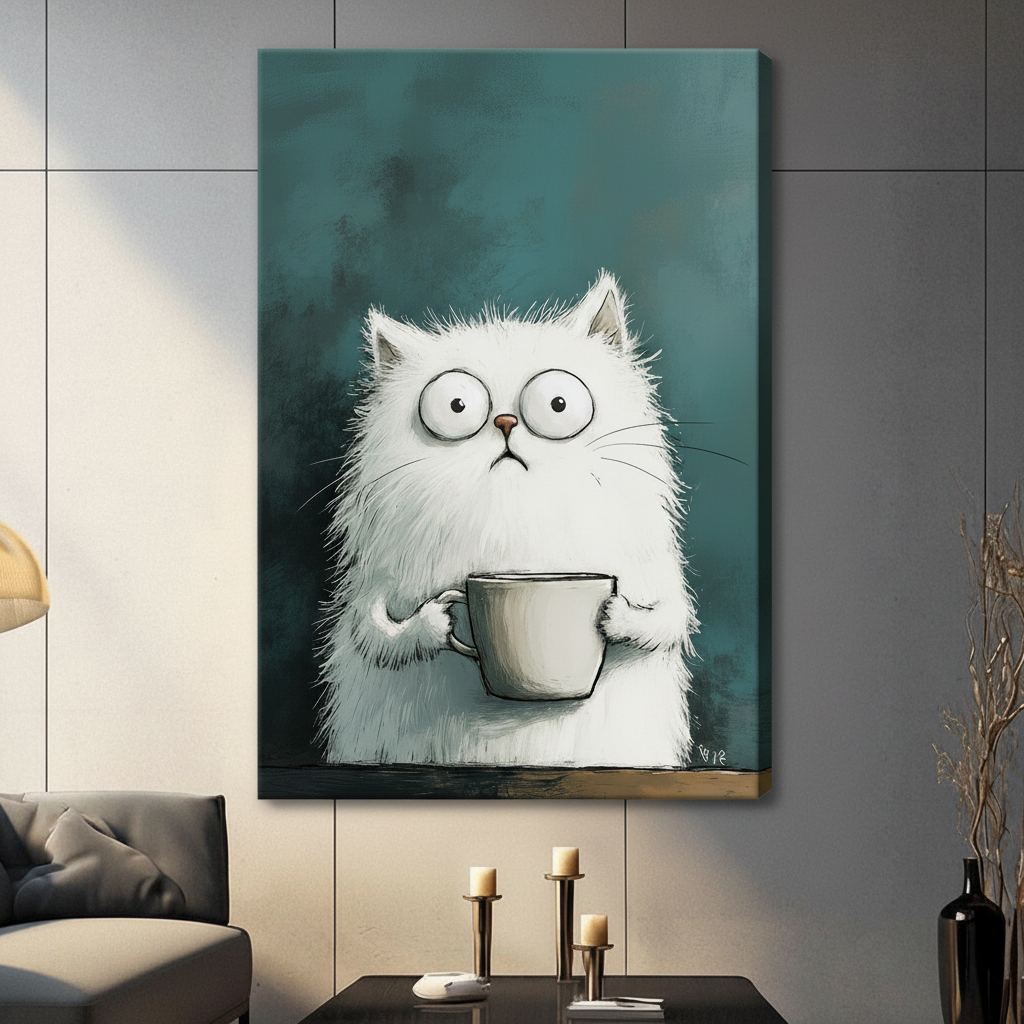 Unframed canvas print of a wide-eyed fluffy white cat clutching a large coffee mug on a teal background in a contemporary grey living room