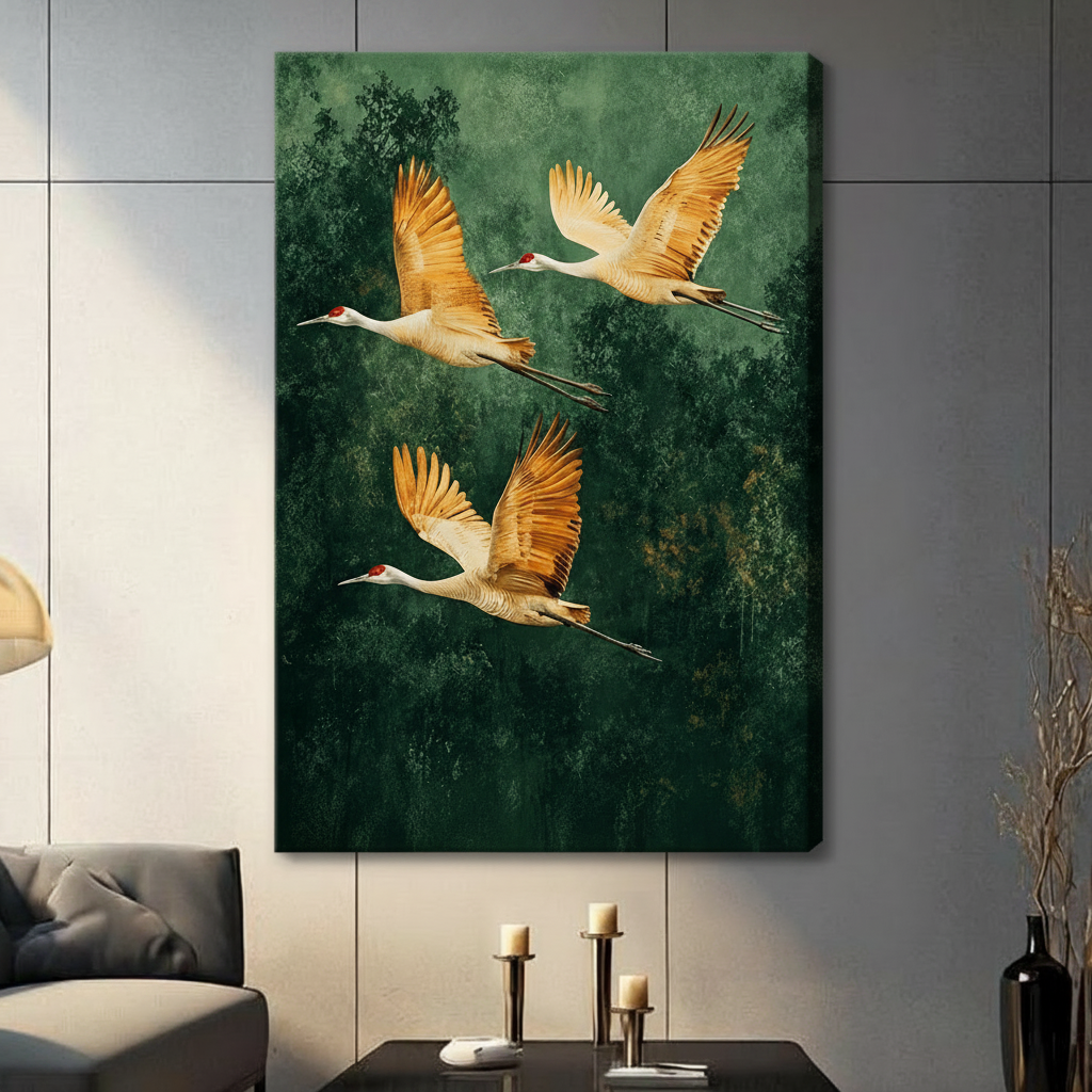 Three golden cranes in flight above emerald green forest canopy, edge-to-edge stretched canvas wall art in nature-inspired style for living room