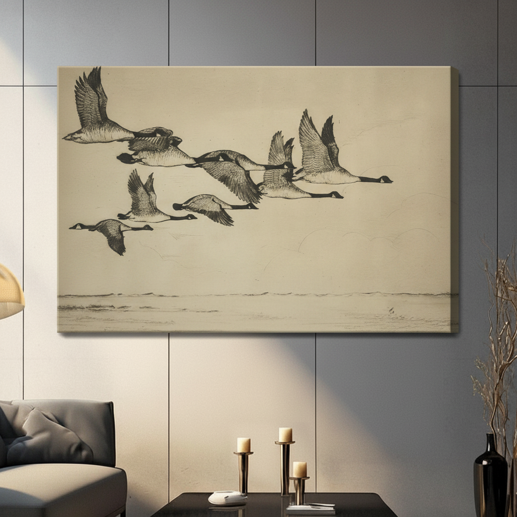 Gallery wrap stretched canvas of six Canada geese skimming low over water in detailed vintage sketch style on aged parchment background hung frameless on a dark gray paneled wall above candlestick holders