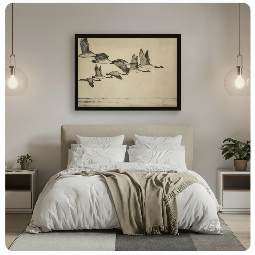 Black framed antique naturalist Canada geese in flight sketch canvas wall art hung above a beige upholstered bed with white linen bedding in a serene minimalist bedroom with glass globe pendant lights