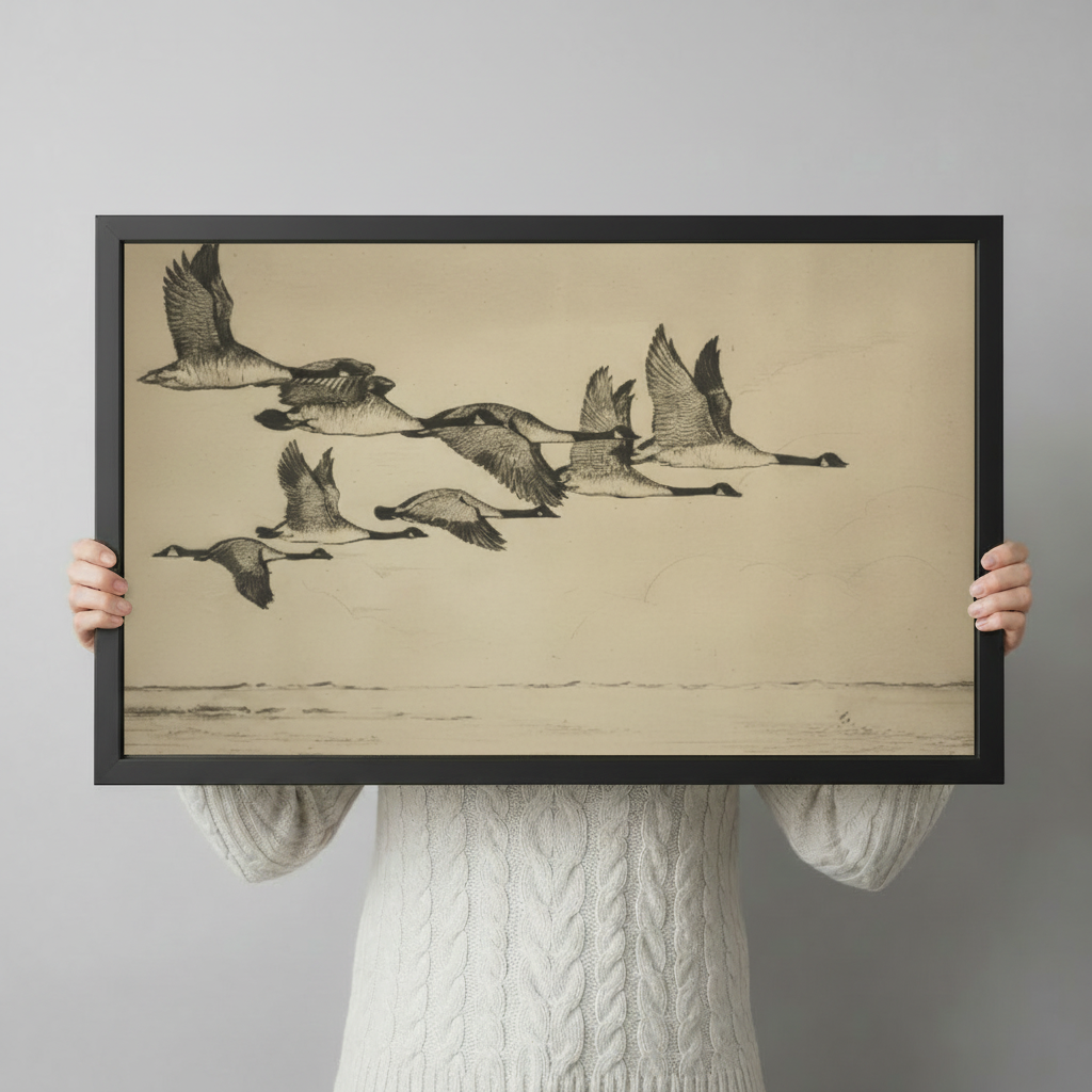Person in white knit sweater holding a large black framed vintage Canada geese flock flying in formation canvas art print with sepia parchment background, horizontal product size display
