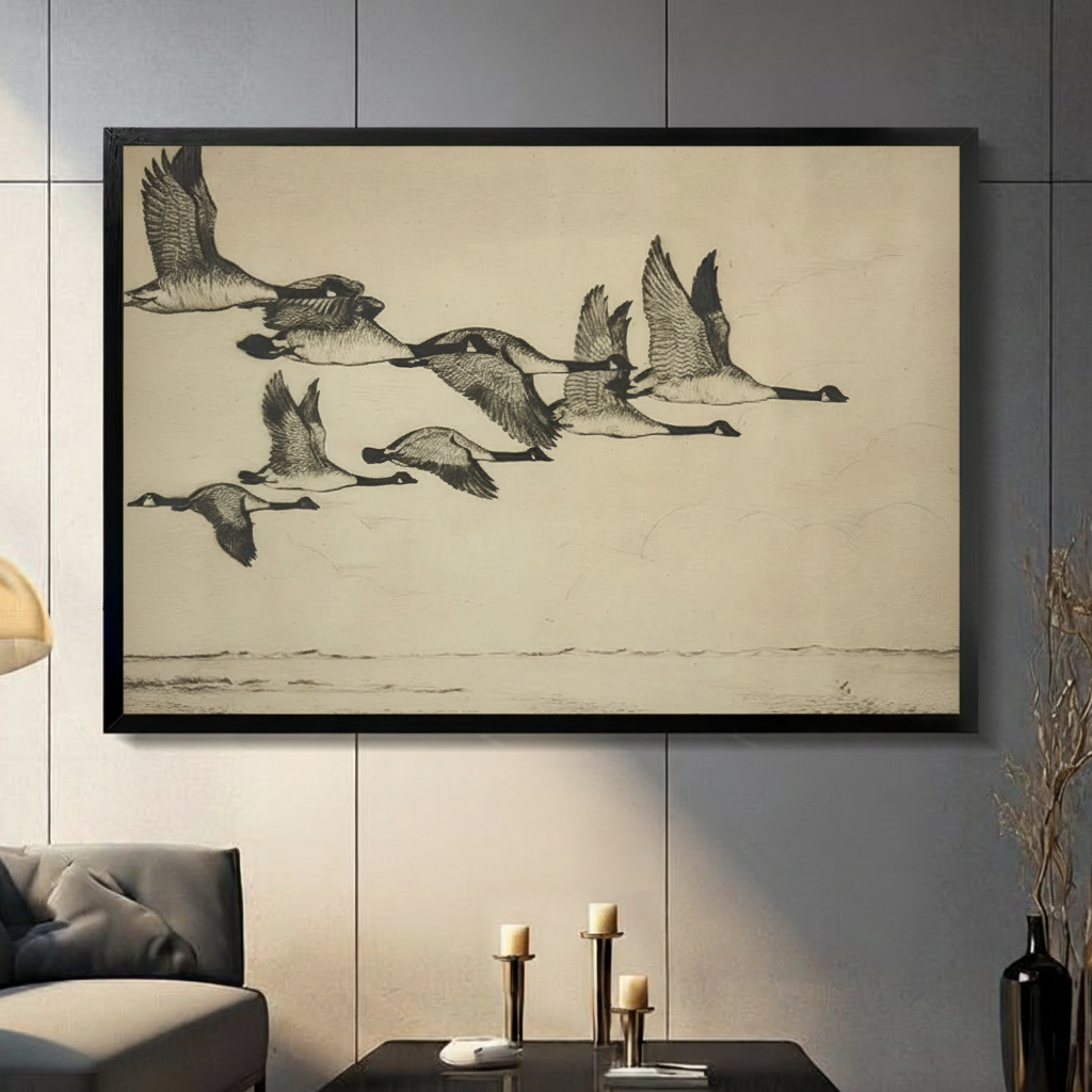 Black framed vintage Canada geese flying in formation canvas wall art with aged parchment background displayed in a modern dark gray living room with gray sofa, candlestick holders and tall black vase