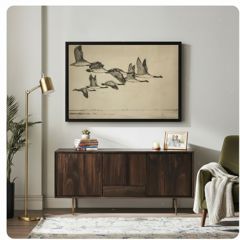 Black framed vintage flying Canada geese botanical illustration canvas art hung above a dark walnut sideboard with stacked books and family photo in a modern living room with gold floor lamp and olive green chair
