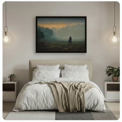 Black framed dark landscape canvas above a neutral linen bed, depicting a solitary cloaked figure in a misty field with a glowing dusk sky for moody bedroom decor
