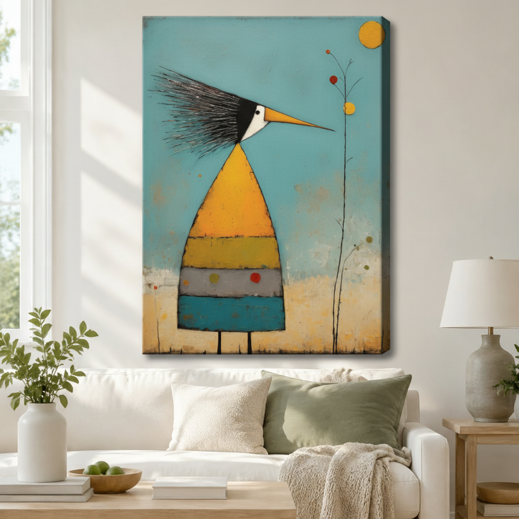 Stretched canvas wall art of a whimsical mid-century folk art abstract striped bird featuring a tall cone-shaped body in bold orange, yellow-green, gray, and teal horizontal bands with a wild black and white feathered crest, a long pointed orange beak, and thin black legs beside a delicate branch with colorful dot berries and a golden circle sun in thick impasto texture on a distressed teal background, hung above a white sofa with sage green and cream pillows and a white ceramic table lamp