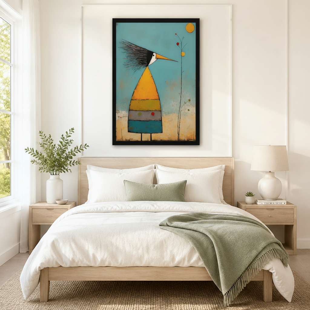 Black framed mid-century folk art abstract striped bird canvas art with a tall quirky bird featuring a wild black and white feathered crest, a long orange beak, a cone-shaped body in bold orange, yellow-green, gray, and teal horizontal stripes on thin black legs beside a bare branch with red and yellow dot berries and a golden circle sun in thick impasto texture on a distressed teal background, hung above a light wood bed frame in a serene Scandinavian bedroom with crisp white linen bedding, a sage green th