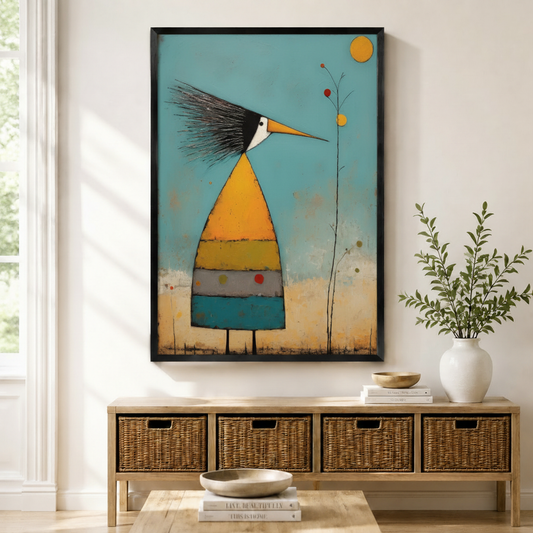 Black framed mid-century folk art abstract bird canvas art with a quirky long-beaked bird character featuring a wild black and white feathered crest, a sharp orange beak, a cone-shaped body in horizontal stripes of orange, yellow-green, gray, and teal on thin black legs beside a bare branch with red and yellow dot berries and a golden sun on a distressed teal background, displayed above a wooden rattan storage bench with a white ceramic bowl, stacked books, and a white vase of greenery