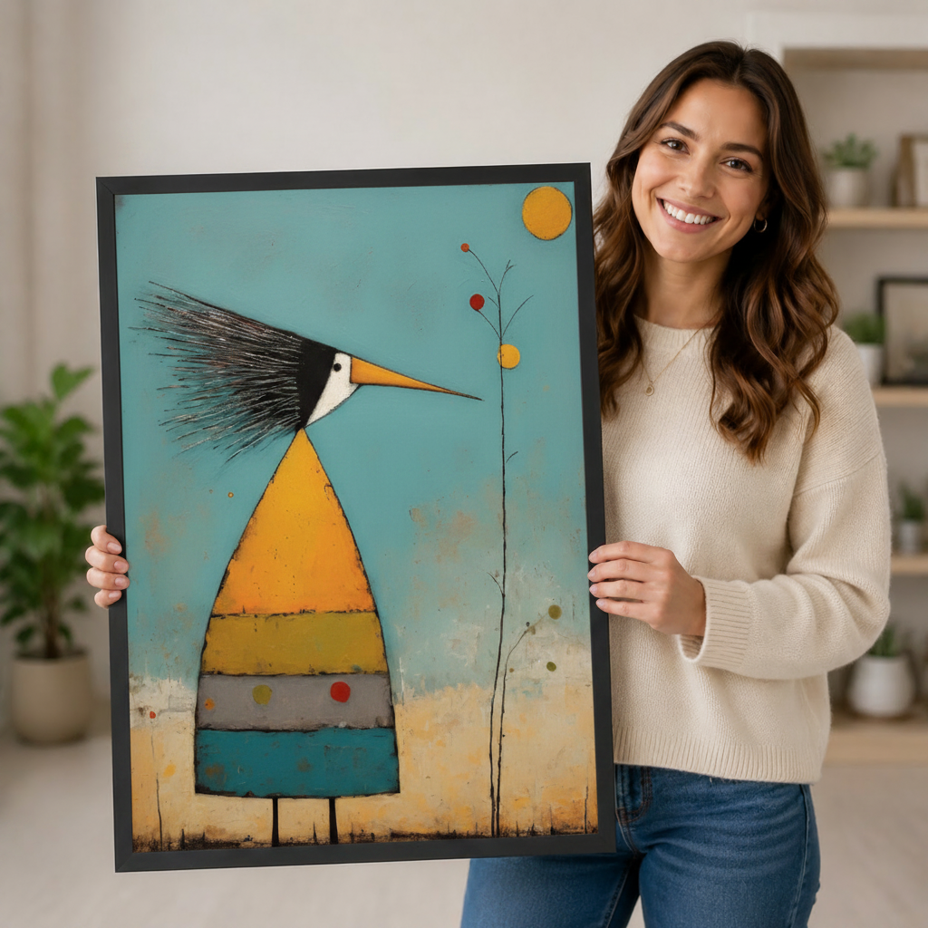 Smiling woman in a cream sweater holding a large vertical black framed mid-century folk art abstract striped bird canvas art print showing a quirky long-beaked bird with a wild feathered crest and a cone-shaped body in orange, yellow-green, gray, and teal horizontal stripes on thin black legs beside a branch with colorful dot berries and a golden sun on a distressed teal background in a bright plant-filled room