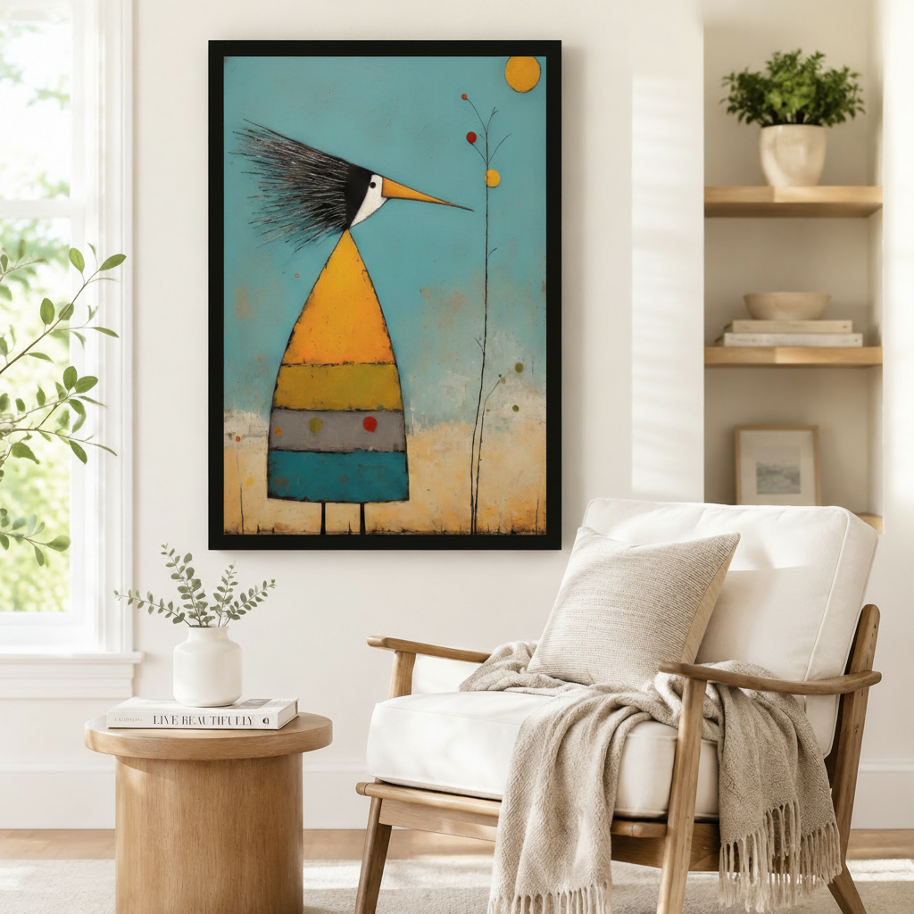 Black framed whimsical folk art abstract striped bird canvas art showing a tall quirky bird with a wild black and white feathered crest, a sharp orange beak, a cone-shaped striped body in orange, yellow-green, gray, and teal on thin black legs beside a bare branch with red and yellow dot berries and a golden sun in distressed impasto brushwork on a teal background, displayed beside a white wooden armchair with a cream fringed throw and a round wood side table with books