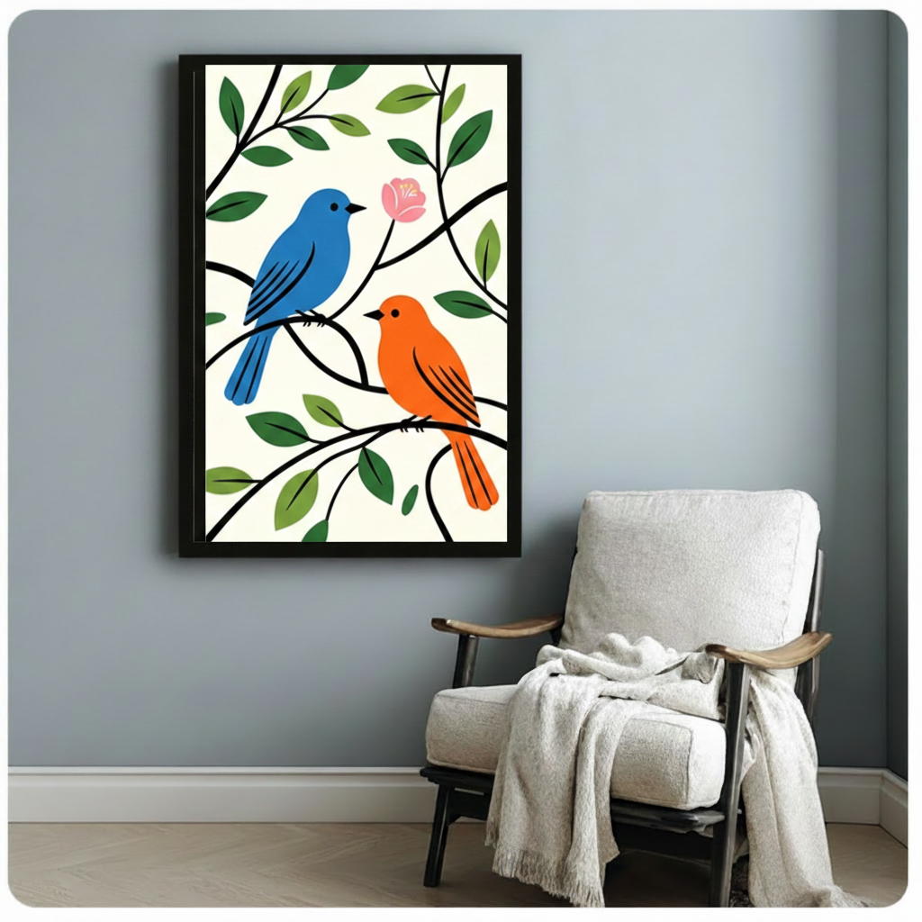 Framed folk-art style canvas print of a blue bird and orange bird on leafy branches with a pink bloom, hung above a cozy armchair in a light grey living space