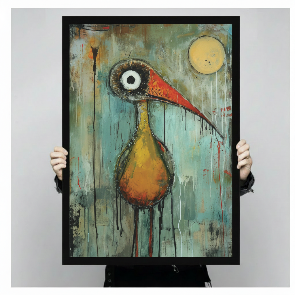 Close-up of a folk art style bird print in black frame held by hands, showing drip texture and warm ochre tones