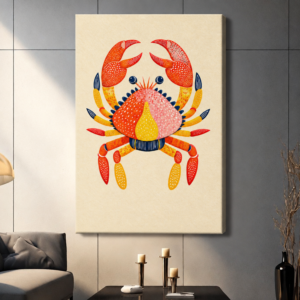 Folk art illustration of a red and orange crab with dotted texture pink shell and navy accents on a cream background coastal wall art stretched canvas dark panel wall living room