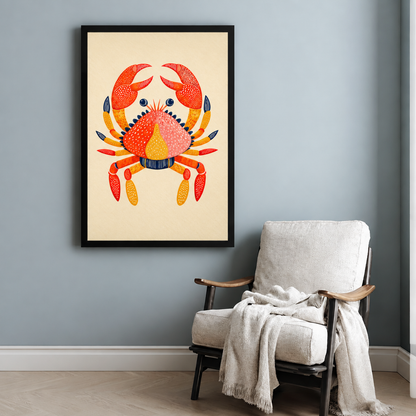 Folk art illustration of a red and orange crab with dotted texture pink shell and navy accents on a cream background coastal wall art framed print beside armchair blue-gray wall