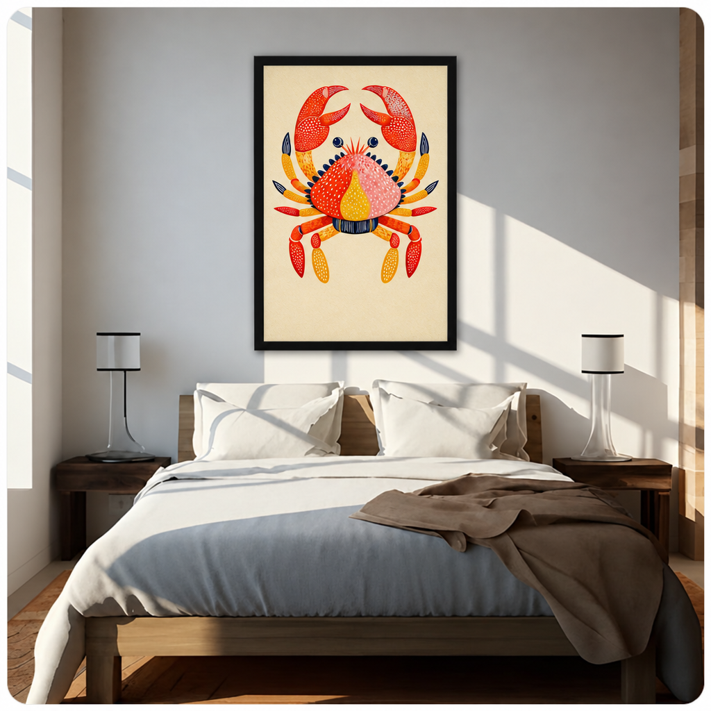 Folk art illustration of a red and orange crab with dotted texture pink shell and navy accents on a cream background coastal wall art framed print above bed sunlit bedroom