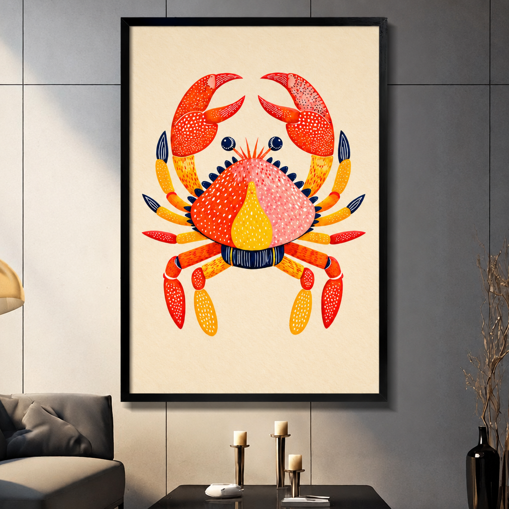 Folk art illustration of a red and orange crab with dotted texture pink shell and navy accents on a cream background coastal wall art framed print dark panel wall living room