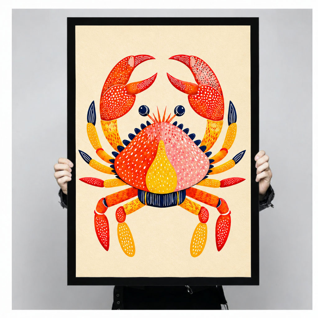 Folk art illustration of a red and orange crab with dotted texture pink shell and navy accents on a cream background coastal wall art framed print held up