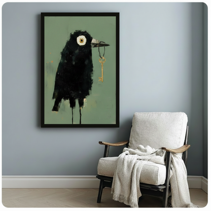 Black framed folk art style crow clutching antique gold key on muted green background beside white linen accent chair