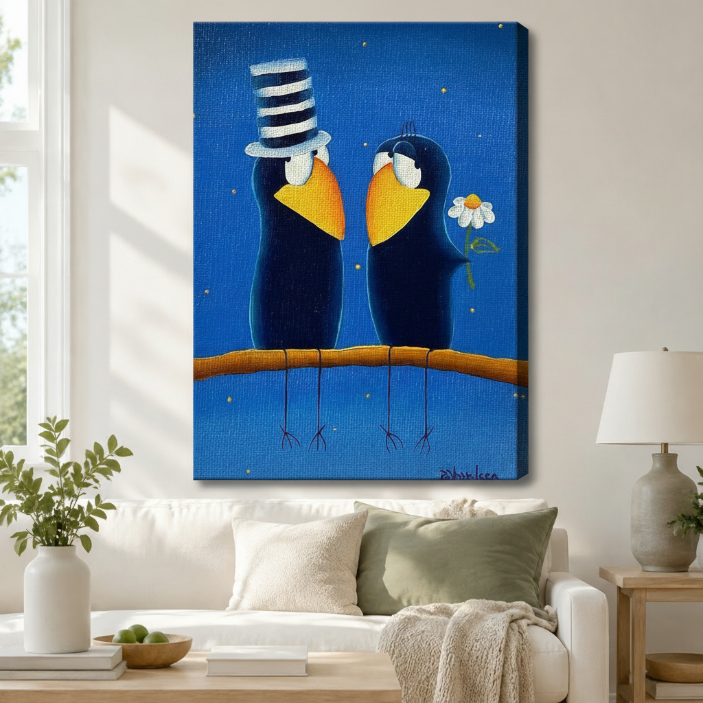 Stretched canvas wall art of a charming folk art romantic crow couple print featuring two round dark navy blue cartoon crows sitting together on a warm amber branch gazing at each other, one wearing a striped black and white stovepipe top hat and the other clutching a white daisy, both with broad golden beaks and white eye rings on a rich cobalt blue night sky background dotted with tiny gold sparkles, hung above a white sofa with sage green and cream pillows and a white ceramic table lamp in a bright airy 