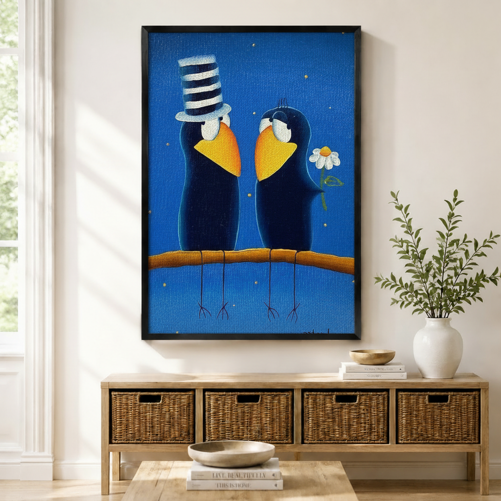 Black framed whimsical folk art romantic crow couple canvas art with two plump dark navy blue cartoon crows perched side by side on a warm brown branch facing each other lovingly, the left crow wearing a tall black and white striped top hat and the right crow holding a white daisy flower, both with wide golden yellow beaks and white eye rings on a deep royal blue starry night background with scattered gold dot sparkles, displayed above a wooden rattan storage bench with a white ceramic bowl, stacked books, 