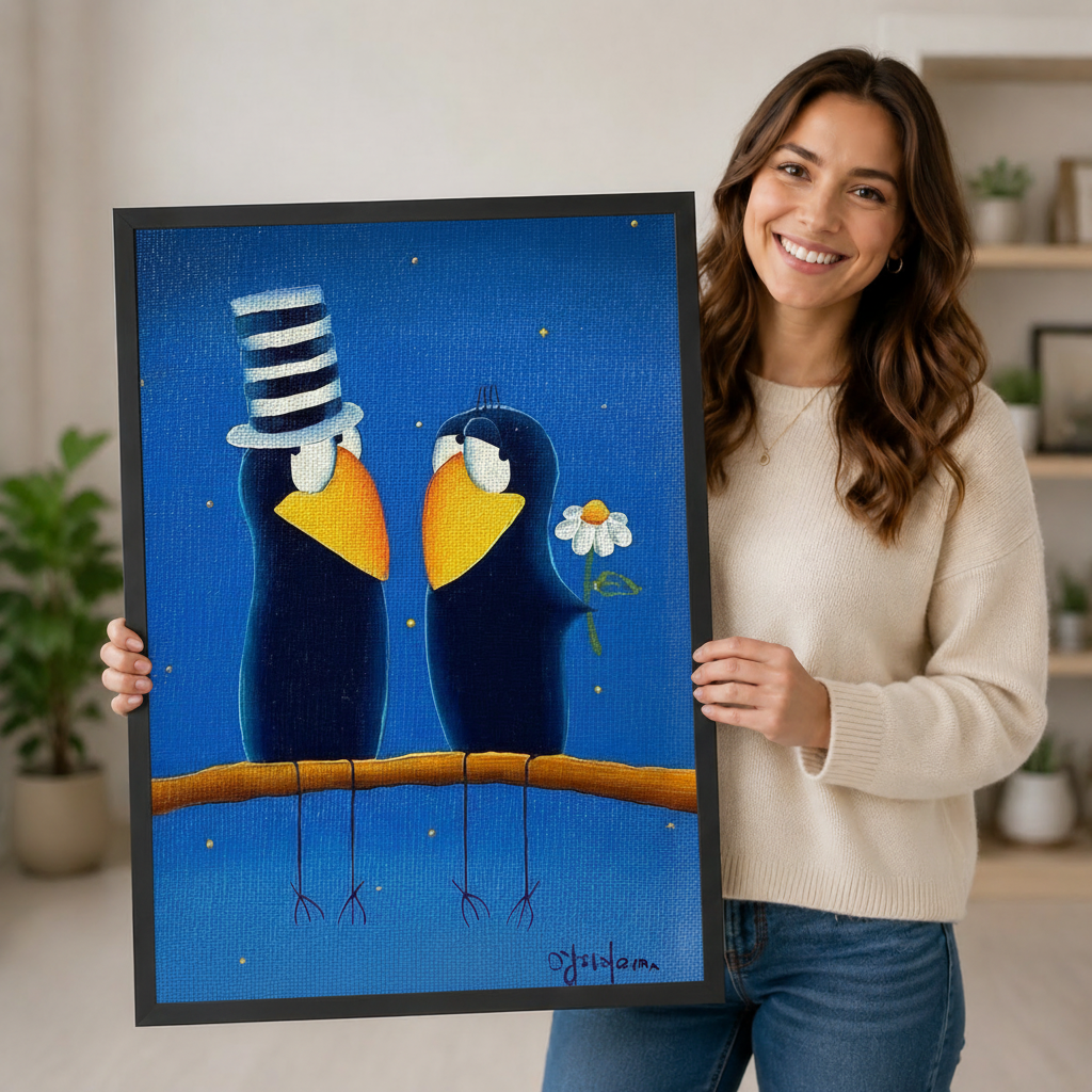 Smiling woman in a cream sweater holding a large vertical black framed whimsical folk art romantic crow couple canvas art print showing two plump dark navy blue cartoon crows on a warm branch facing each other, one with a tall black and white striped top hat and the other holding a white daisy, both with golden yellow beaks and white eye rings on a deep cobalt blue starry night background with gold sparkle dots in a bright plant-filled room