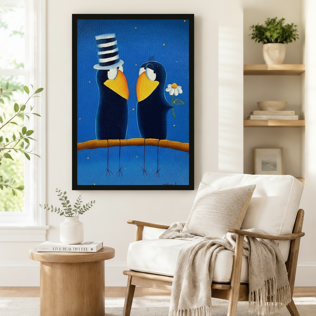 Black framed folk art romantic crow couple canvas art showing two chubby dark navy blue cartoon crows perched on a warm brown branch facing each other tenderly, the left crow topped with a tall black and white striped top hat and the right crow holding a single white daisy, both featuring wide golden yellow beaks and white eye rings on a deep royal blue starry background with gold dot accents, displayed beside a white wooden armchair with a cream fringed throw and a round wood side table with stacked books