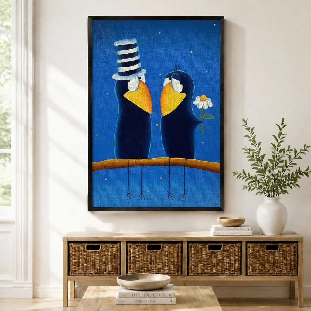 Black framed whimsical folk art romantic crow couple canvas art with two plump dark navy blue cartoon crows perched side by side on a warm amber branch facing each other lovingly, the left crow wearing a tall black and white striped stovepipe top hat and the right crow holding a white daisy flower, both with wide golden yellow beaks and white eye rings on a rich royal blue starry night background with scattered gold dot sparkles, displayed above a light wood rattan basket storage console with