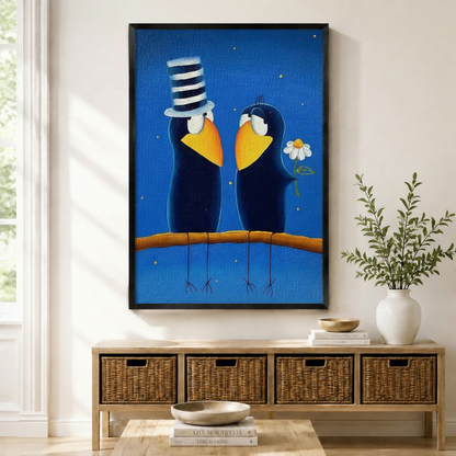 Black framed whimsical folk art romantic crow couple canvas art with two plump dark navy blue cartoon crows perched side by side on a warm amber branch facing each other lovingly, the left crow wearing a tall black and white striped stovepipe top hat and the right crow holding a white daisy flower, both with wide golden yellow beaks and white eye rings on a rich royal blue starry night background with scattered gold dot sparkles, displayed above a light wood rattan basket storage console with