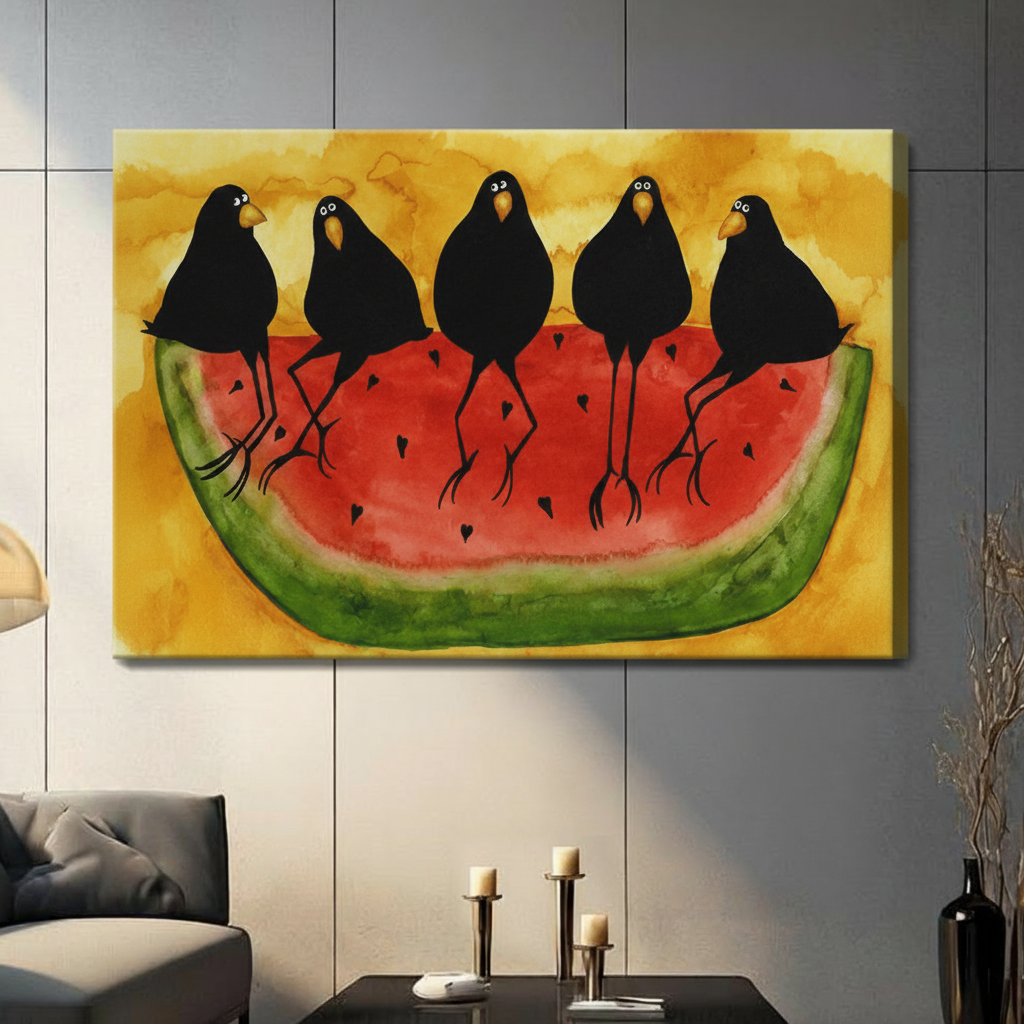Stretched canvas wall art of a whimsical folk art five black crows perched on a watermelon featuring five round cartoon crows with yellow beaks and white dot eyes standing on a vivid red watermelon slice with a green rind and black heart-shaped seeds in expressive watercolor brushwork on a warm amber yellow background, displayed on a gray tile wall above a dark gray sofa with candle holders and dried flower arrangement